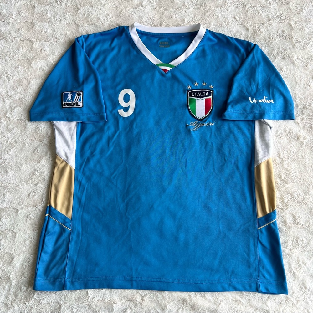 Italy National Team Soccer Jersey Adult XL Blue Gol Italia World Cup #9 Flag Oly
